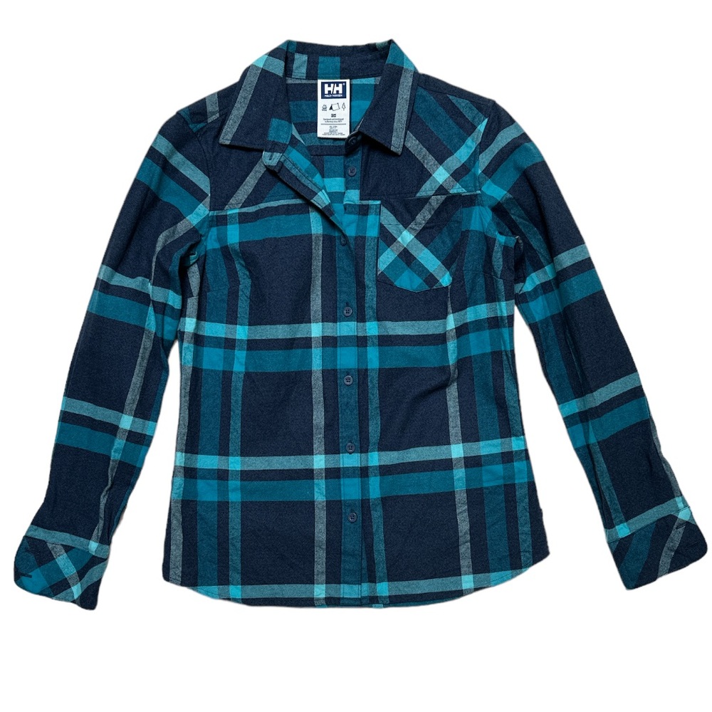 Helly Hansen Plaid Flannel Button-Up Shirt Long Sleeve Blue/Aqua Outdoor/Camping
